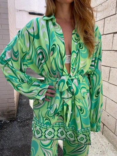 The Pink Door Mint Green Retro Print Shirt