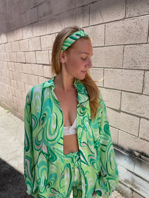 The Pink Door Mint Green Retro Print Shirt