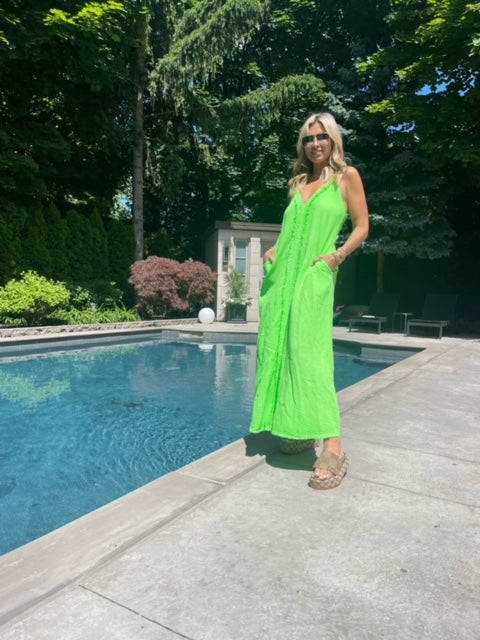 Meo Meli Lace Trim Racer Back Gauze Dress - Neon Green