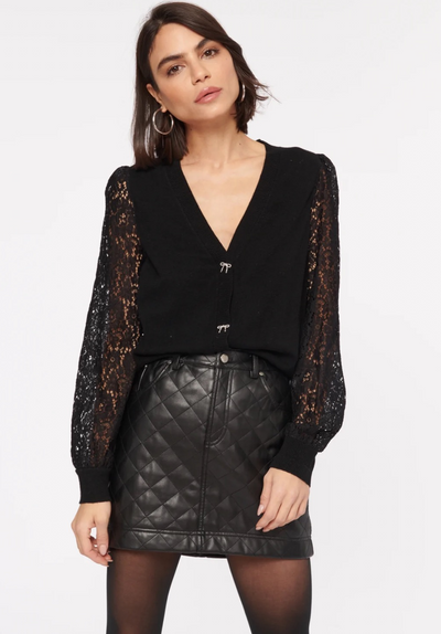 Cami NYC Lysandra Black Lace Sleeve Top w/ Bow Buttons