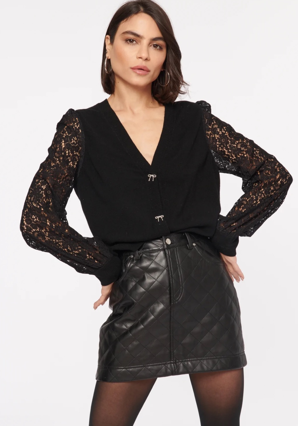 Cami NYC Lysandra Black Lace Sleeve Top w/ Bow Buttons