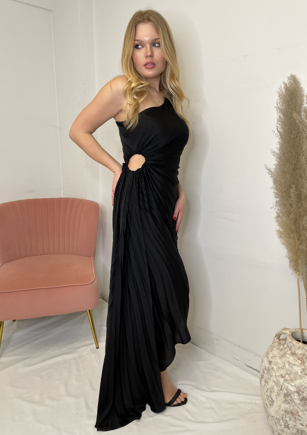 The Pink Door One Shoulder Pleated Black Dress