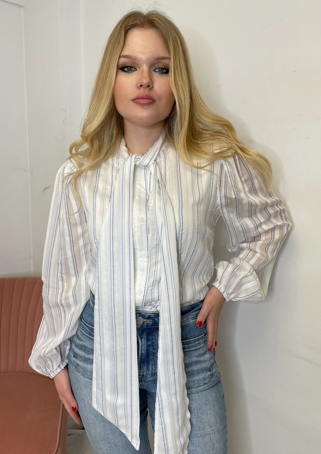 The Pink Door White Pinstripe Bow Tie Blouse
