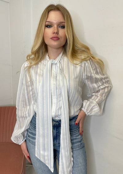 The Pink Door White Pinstripe Bow Tie Blouse