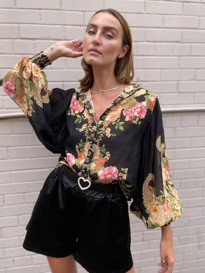 The Pink Door Floral Black-Gold Blouse