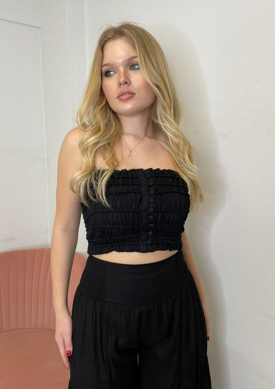 Surf Gypsy Black Button Crop Top w/ Ruched Ruffle Detail