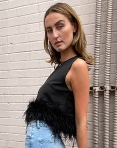 The Pink Door Black Feather Trim Top - Black