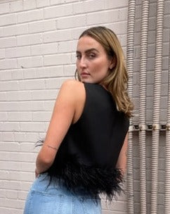 The Pink Door Black Feather Trim Top - Black