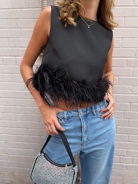 The Pink Door Black Feather Trim Top - Black
