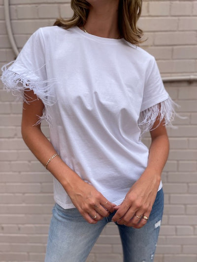 The Pink Door Feather Sleeve Tee - White
