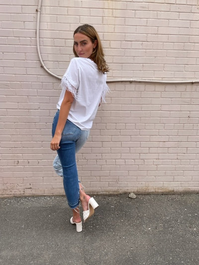 The Pink Door Feather Sleeve Tee - White