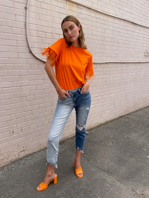 The Pink Door Feather Sleeve Tee - Orange