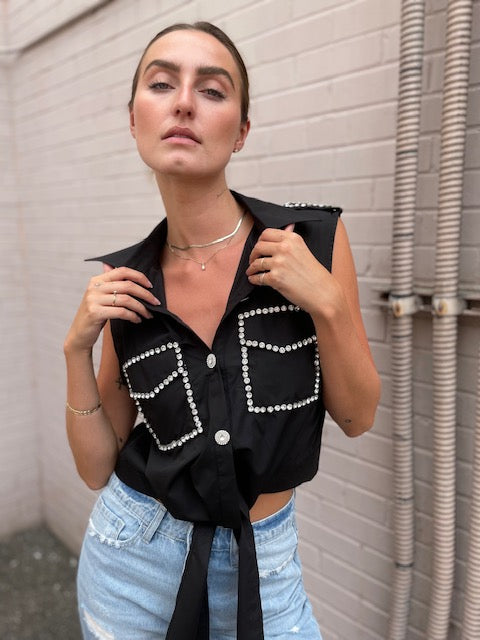The Pink Door Rhinestone Trim Shirt - Black