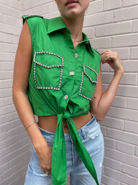 The Pink Door Rhinestone Trim Shirt - Green