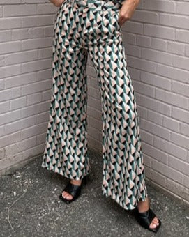 The Pink Door Peach-Green Geometric Wide Leg Pant
