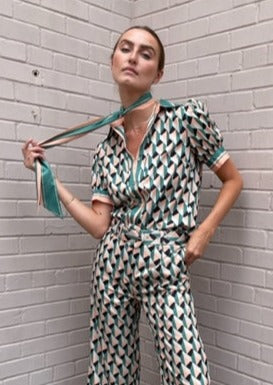 The Pink Door Peach-Green Geometric Top