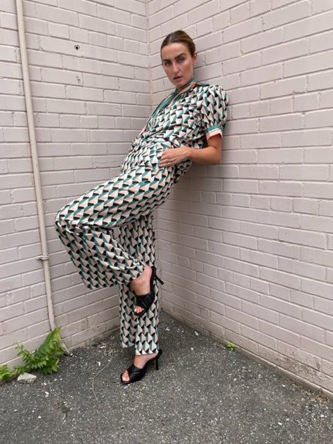 The Pink Door Peach-Green Geometric Top