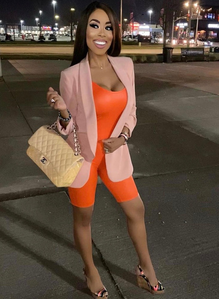 The Pink Door Ruched Sleeve Blazer - Blush