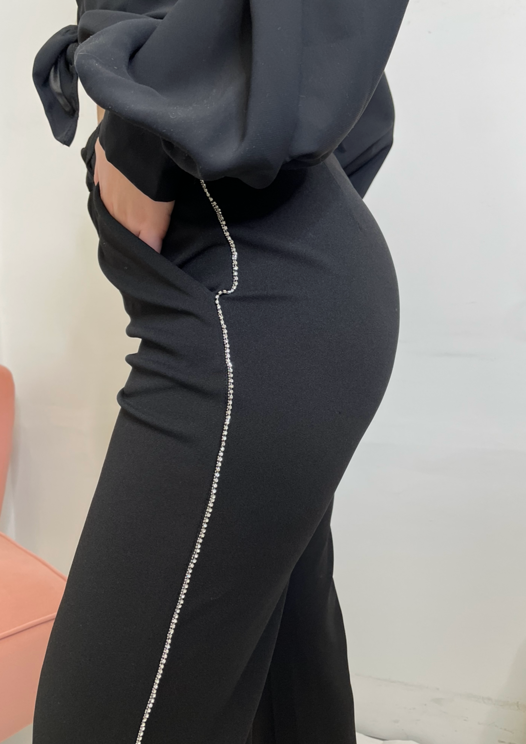 The Pink Door Wide Leg Pants w/ Rhinestone Side Details - Black