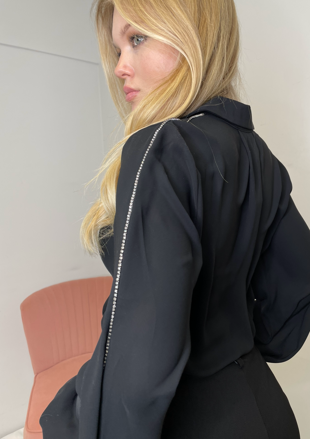 The Pink Door Blouse w/ Rhinestone Sleeve Details - Black