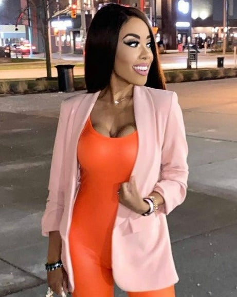 The Pink Door Ruched Sleeve Blazer - Blush
