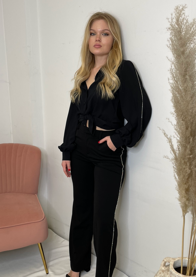 The Pink Door Blouse w/ Rhinestone Sleeve Details - Black