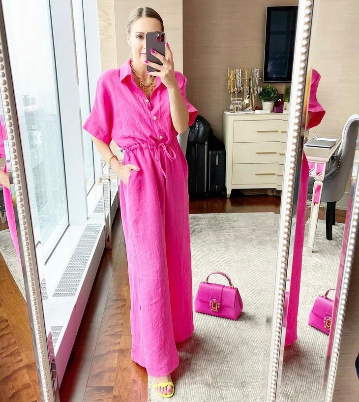 The Pink Door S/S Button Up Linen Jumpsuit - Green