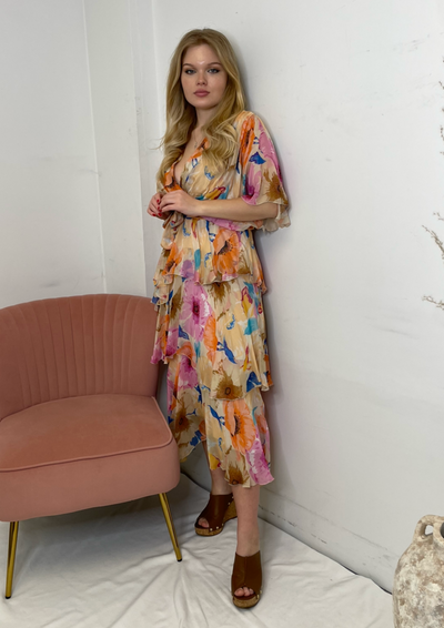 The Pink Door Long Silky Ruffle Crossover Floral Dress - Pink