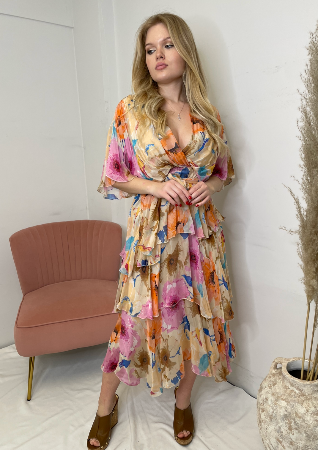 The Pink Door Long Silky Ruffle Crossover Floral Dress - Pink
