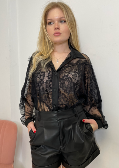 The Pink Door Mesh w/ Lace Details L/S Blouse - Black