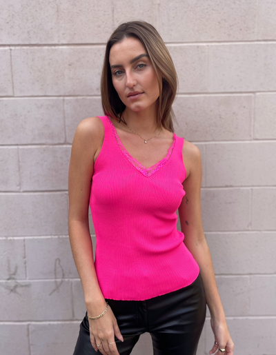The Pink Door Knit Tank w Lace Trim - Fuchsia