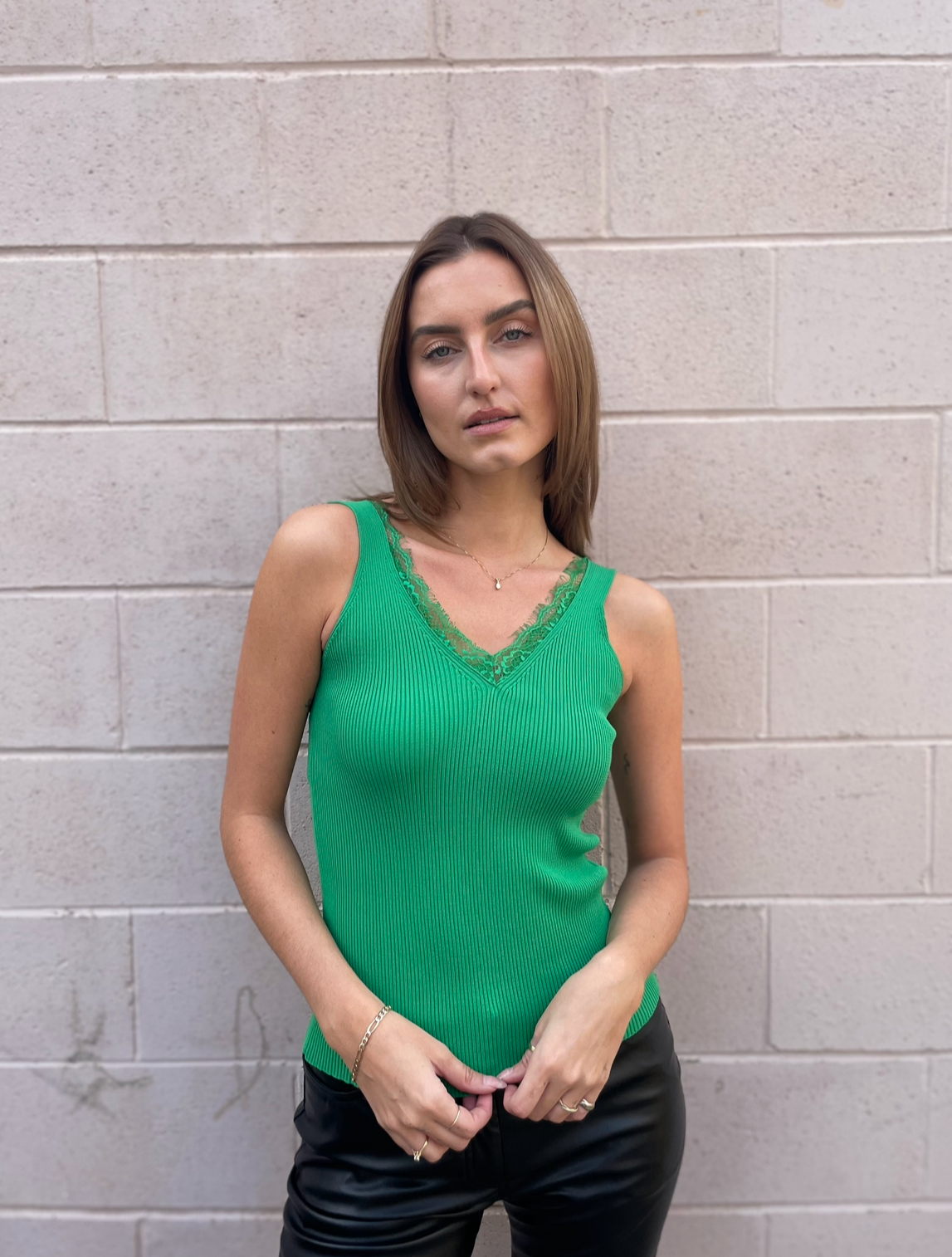 The Pink Door Knit Tank w Lace Trim - Green