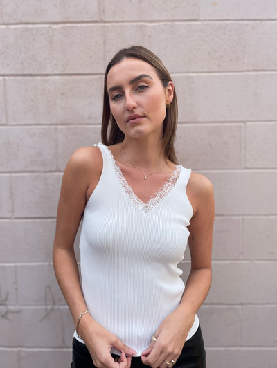 The Pink Door Knit Tank w Lace Trim - White