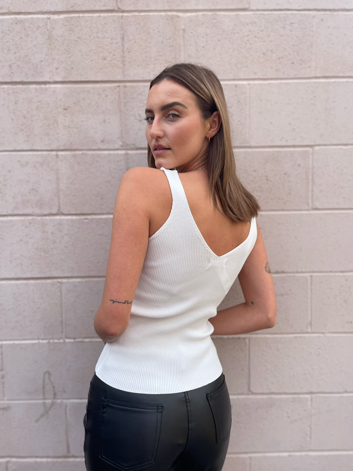 The Pink Door Knit Tank w Lace Trim - White