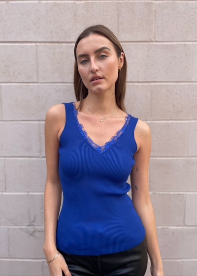 The Pink Door Knit Tank w Lace Trim -Royal Blue