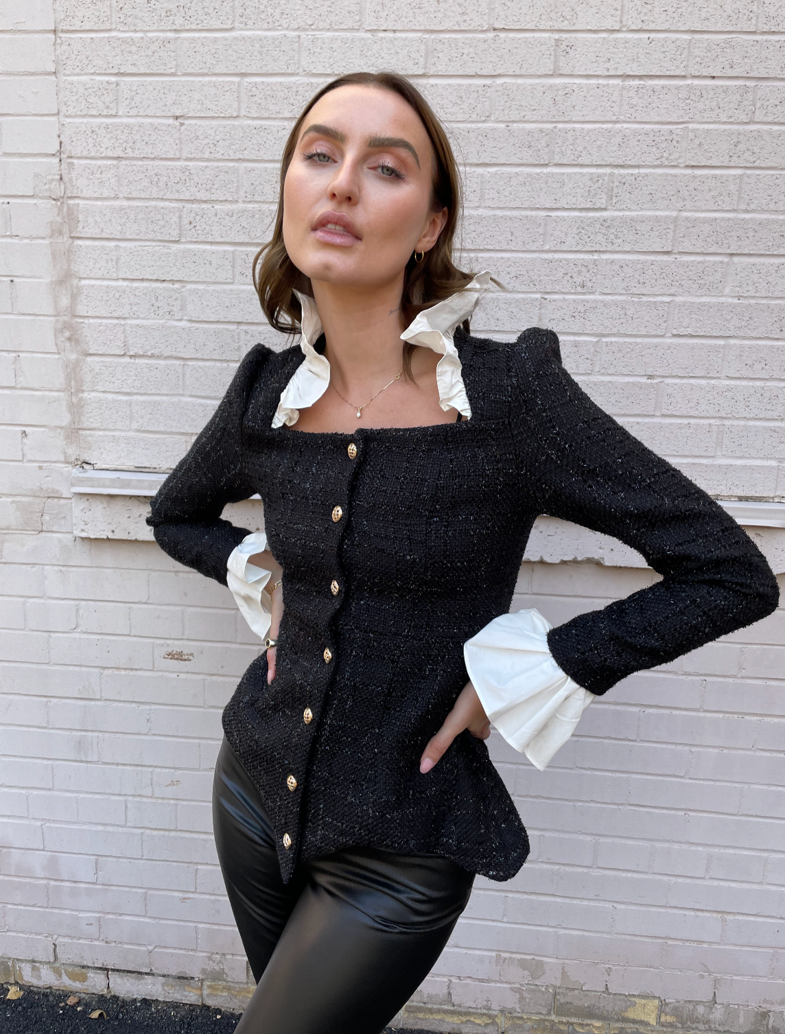 The Pink Door Black & White Ruffle Trim Tweed Jacket