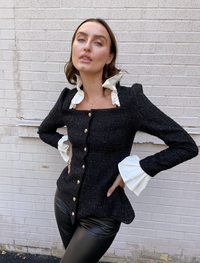 The Pink Door Black & White Ruffle Trim Tweed Jacket
