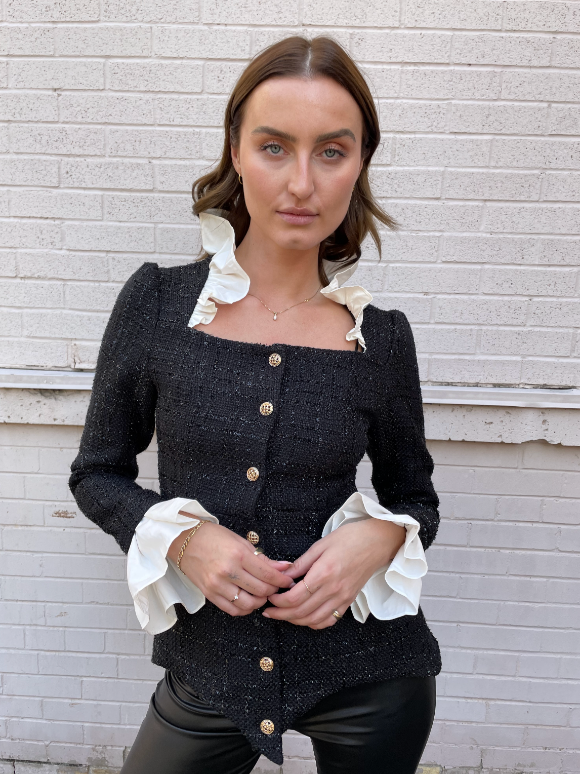 The Pink Door Black & White Ruffle Trim Tweed Jacket