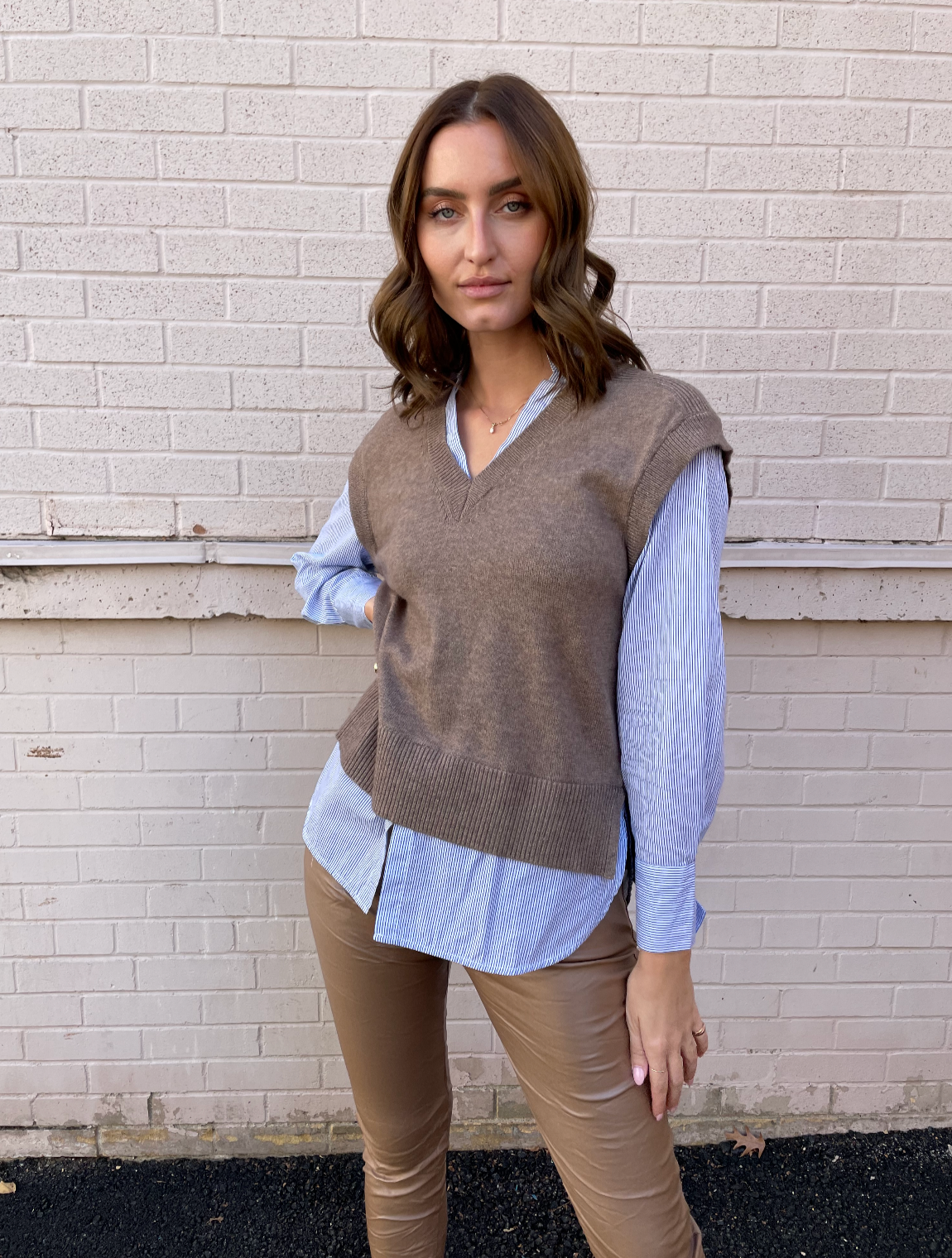 ELAN Sweater/Shirt Combo - Brown/Blue Stripe