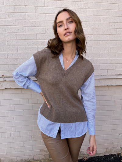 ELAN Sweater/Shirt Combo - Brown/Blue Stripe