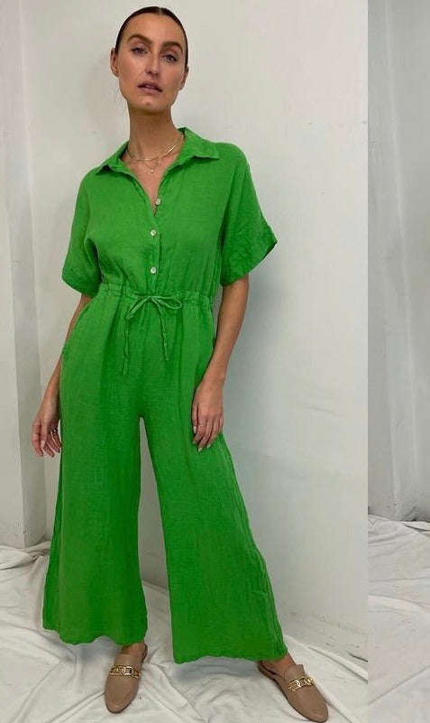 The Pink Door S/S Button Up Linen Jumpsuit - Green