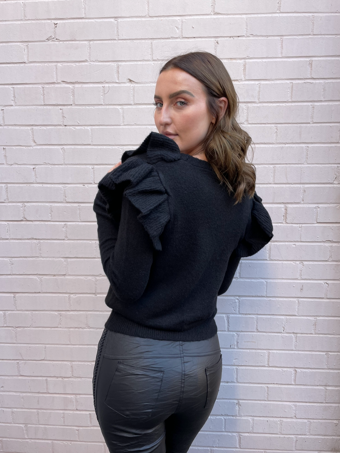 The Pink Door Ruffle Cardi - Black