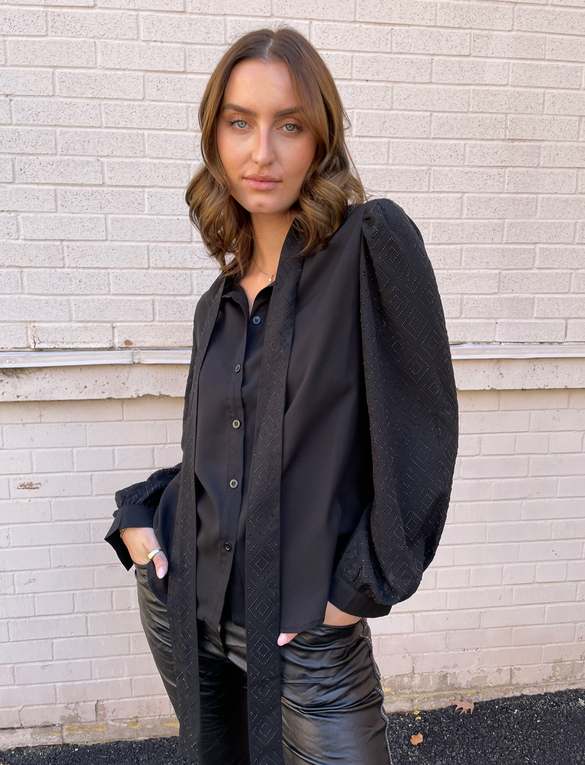 The Pink Door Glitter Black Bow Blouse