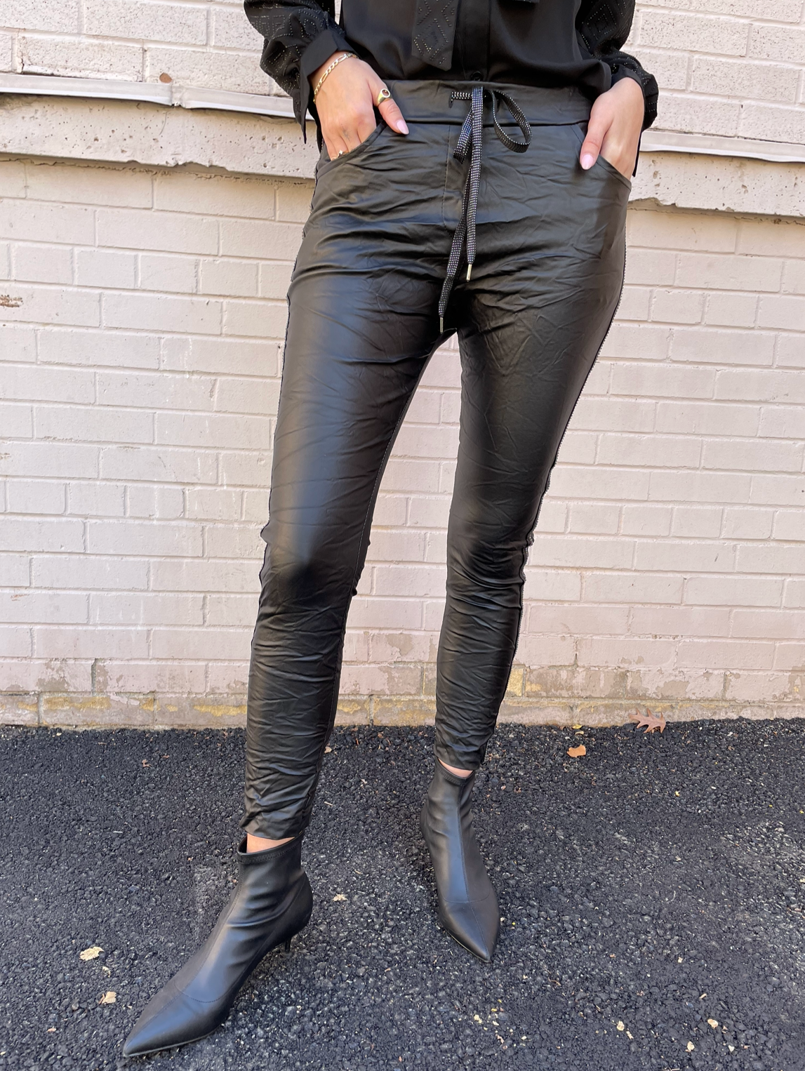 The Pink Door Black Faux Leather Rhinestone Joggers