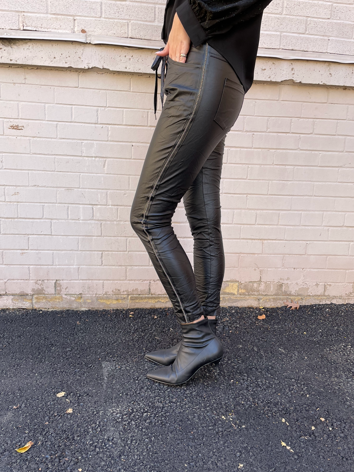 The Pink Door Black Faux Leather Rhinestone Joggers