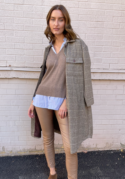 Molly Bracken Brown Herringbone Oversized Long Shacket