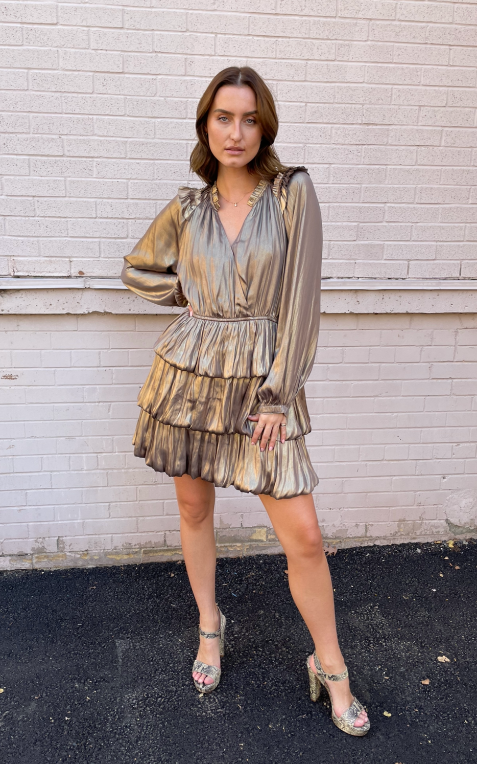 The Pink Door Gold Crossover Ruffle Dress