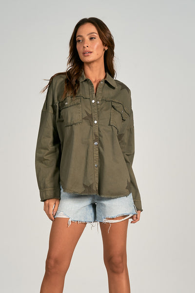 Elan Military Jacket w/ Star Print Detail - Olive