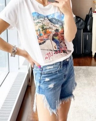 The Pink Door Frayed Side Cut Denim Shorts