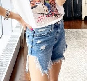 The Pink Door Frayed Side Cut Denim Shorts